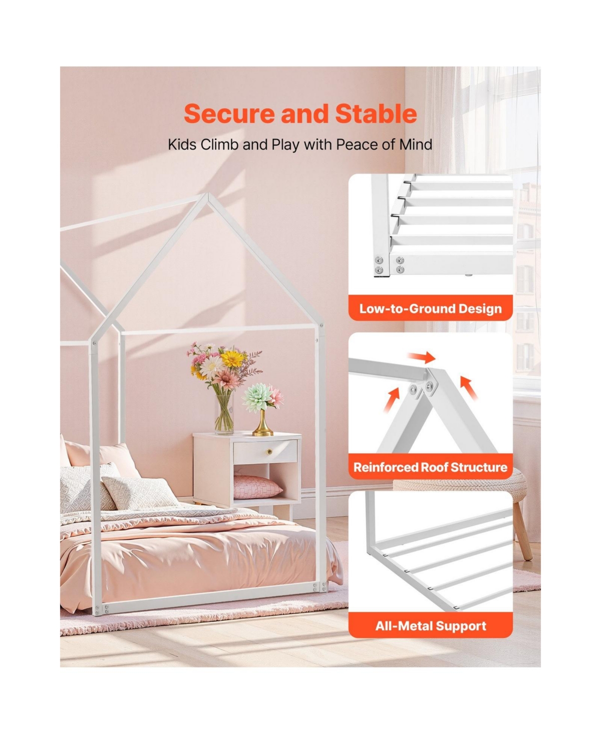 Sugift Twin Size Metal House Bed Frame with Steel Slat Support and Canopy Roof for Kids