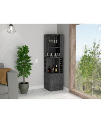 Aspen Kava Corner Bar Cabinet with Wine Bottle Storage, Stemware Rack, and Shelves Smoky Oak