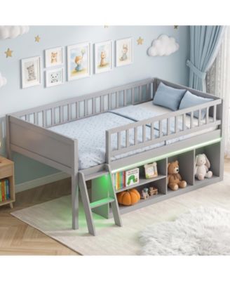 Twin Size Loft Bed w/ Adjustable LED Lights Bookshelves Safety Guardrails