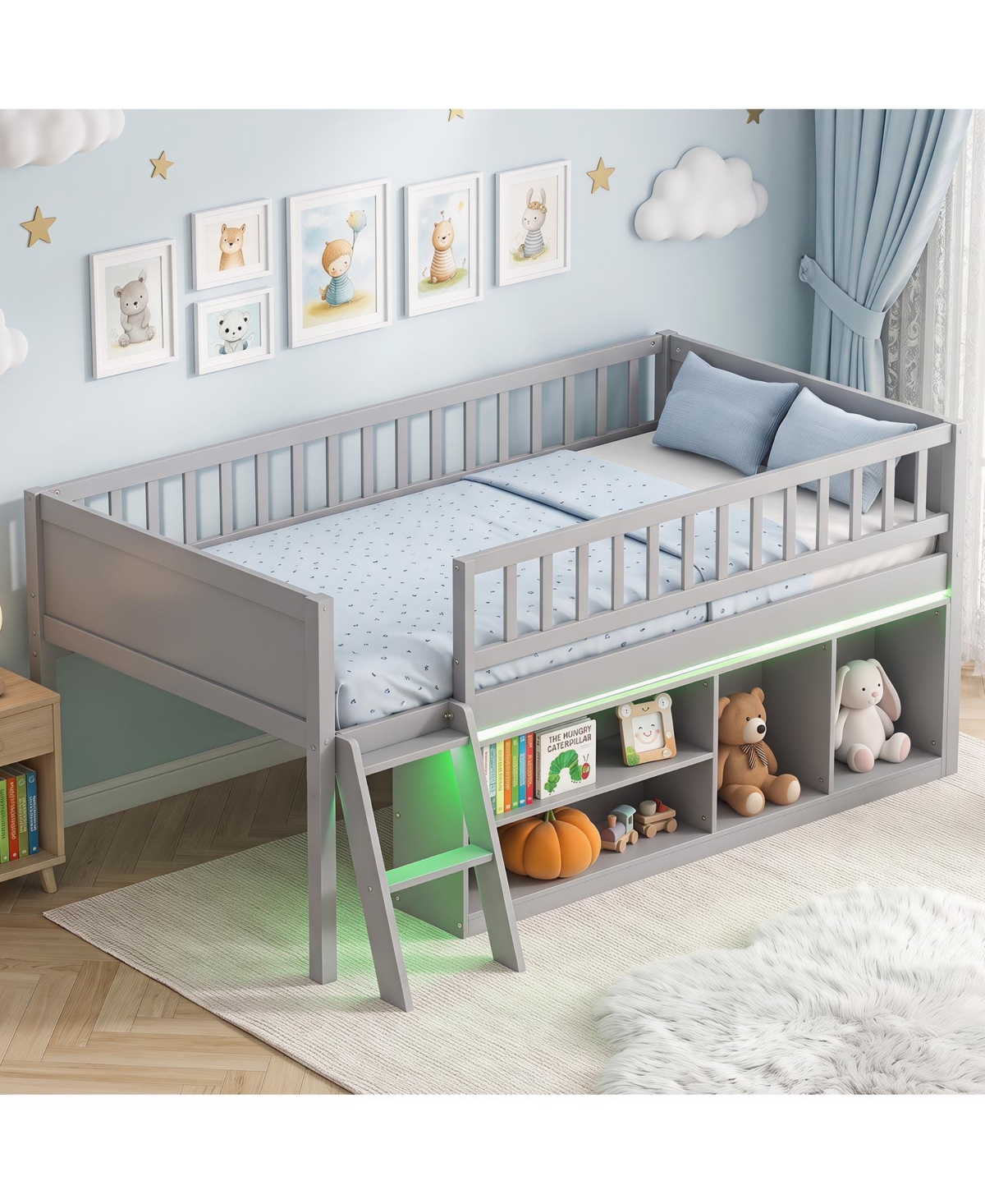Gymax Twin Size Loft Bed with Adjustable Led Lights Bookshelves Safety Guardrails - Grey