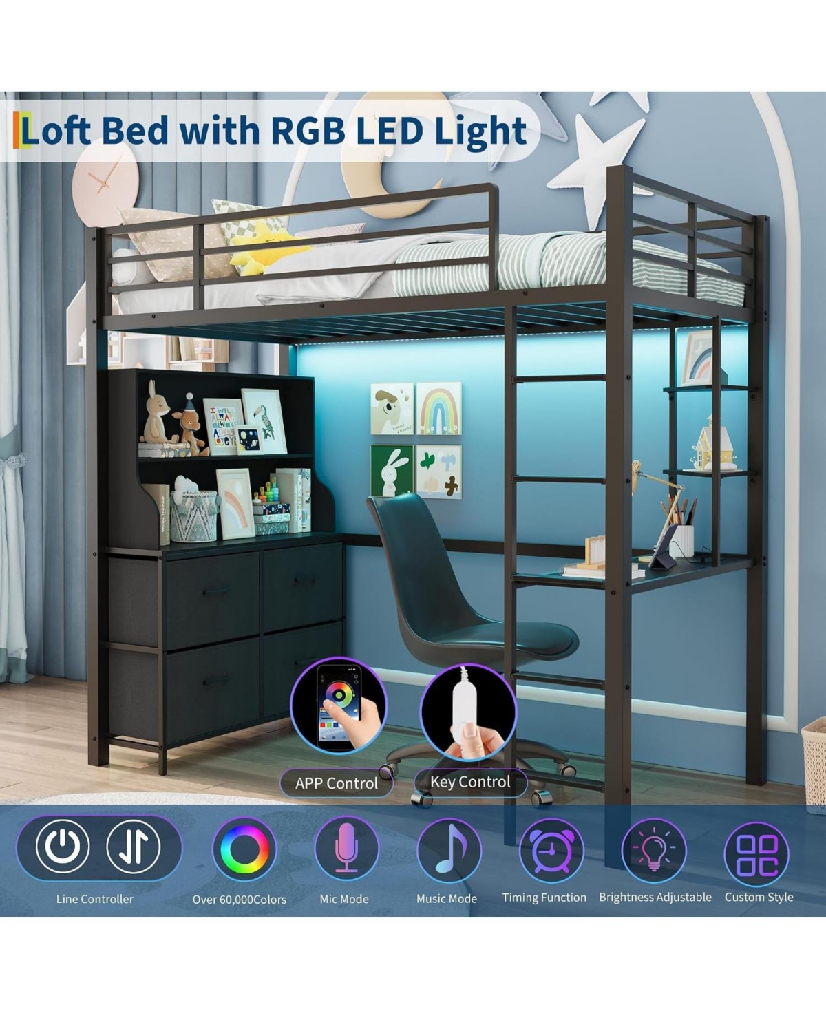 gaomon Twin Loft Bed with Desk, 4 Large Fabric Drawers and Open Shelves, Heavy Duty Metal Led Lights, Power Outlets