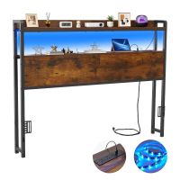 Full Size Headboard with Shelves LED Lighting 3 Outlets and 3 USB Charging Ports