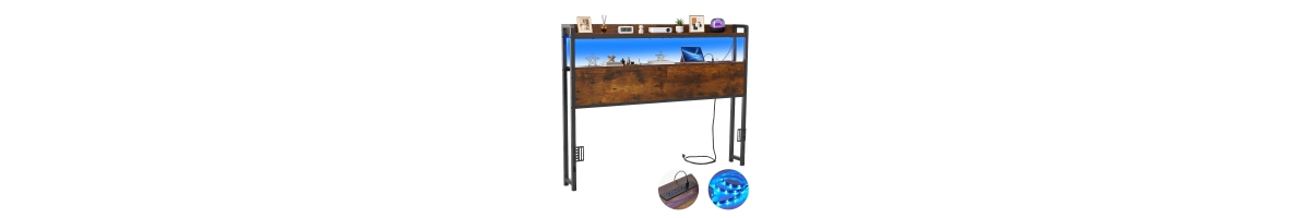 Sugift Full Size Headboard with Shelves Led Lighting 3 Outlets and 3 Usb Charging Ports