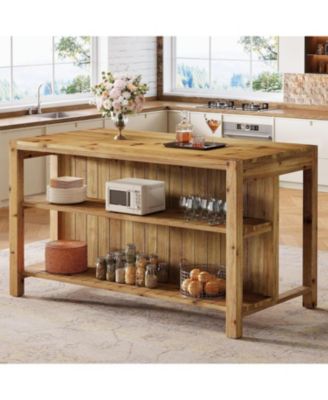 59" Solid Wood Kitchen Island:Farmhouse stationary center with open shelves.Prep workstation,counter height dining table,3-tier home bar