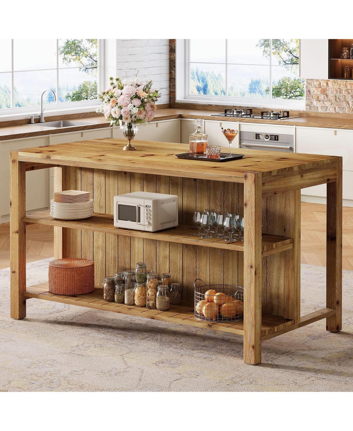 Tribesigns 59" Solid Wood Kitchen Island:Farmhouse stationary center with open shelves.Prep workstation,counter height dining table,3-tier home bar