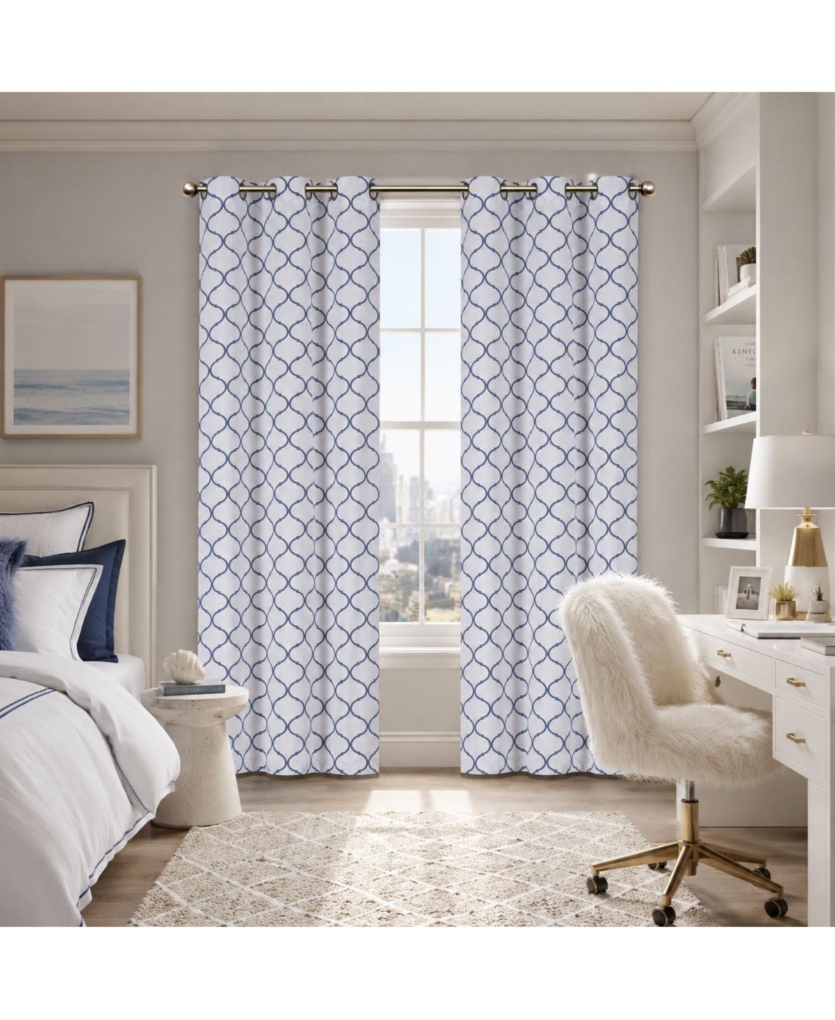 Kate Aurora Dorm Essentials Navy Trellis Grommet Top Window Curtain Panel Pair