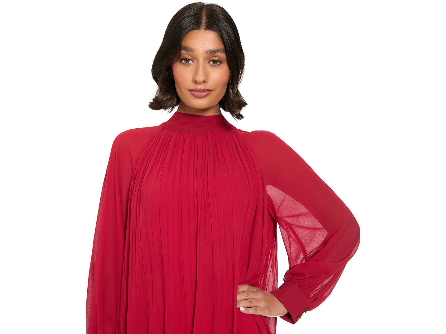 Женское платье London Times Petite Pleated Shift Long-Sleeve Mock-Neck, цвет: Красный — фото 3