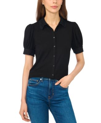 Women's Short Puff-Sleeve Scallop-Trim Button-Up Blouse