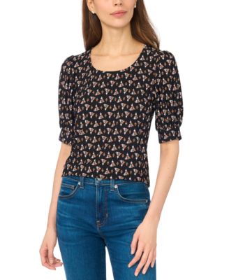 Women's Tulip Crew Neck Shirred Short-Sleeve Blouse