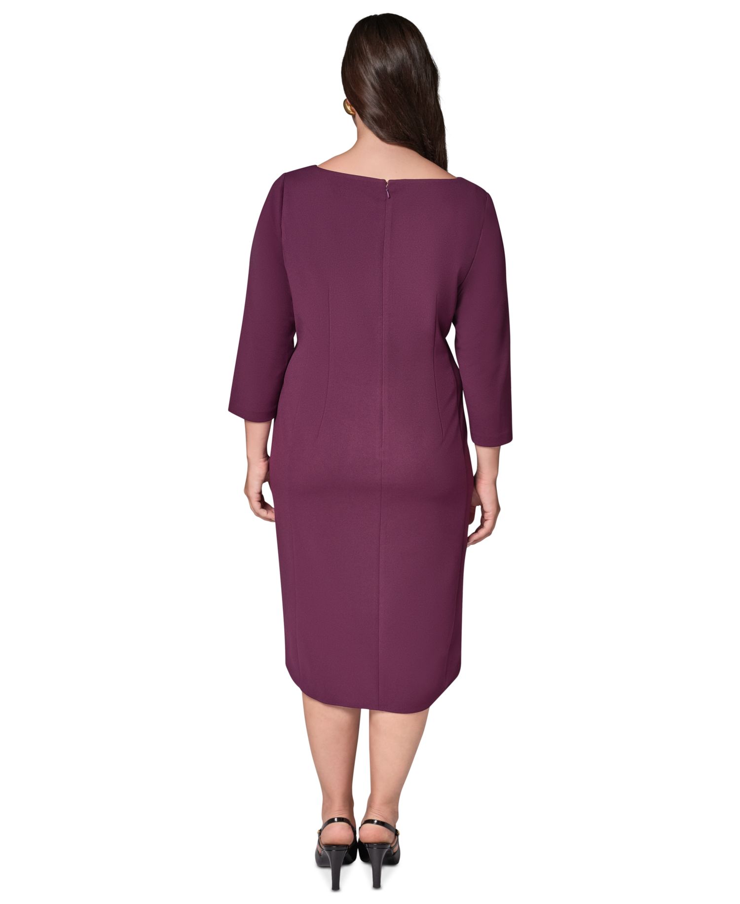 Petite Long-Sleeve Boat-Neck Side Cascade Ruffle Dress