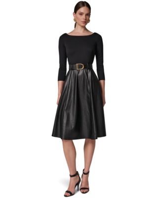 Women's Boat Neck Mixed Media Belted Fit & Flare Dress