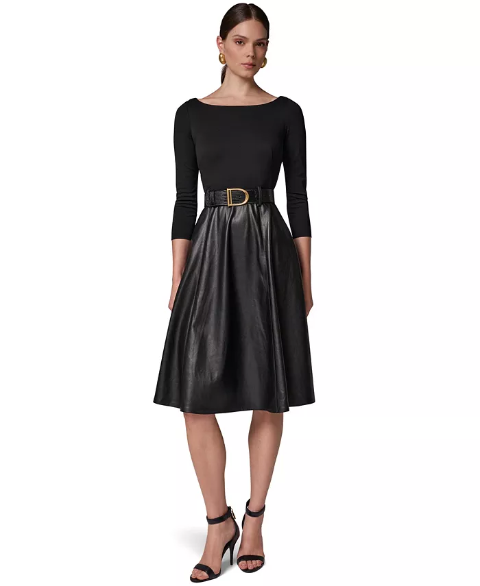Women's Boat Neck Mixed Media Belted Fit & Flare Dress