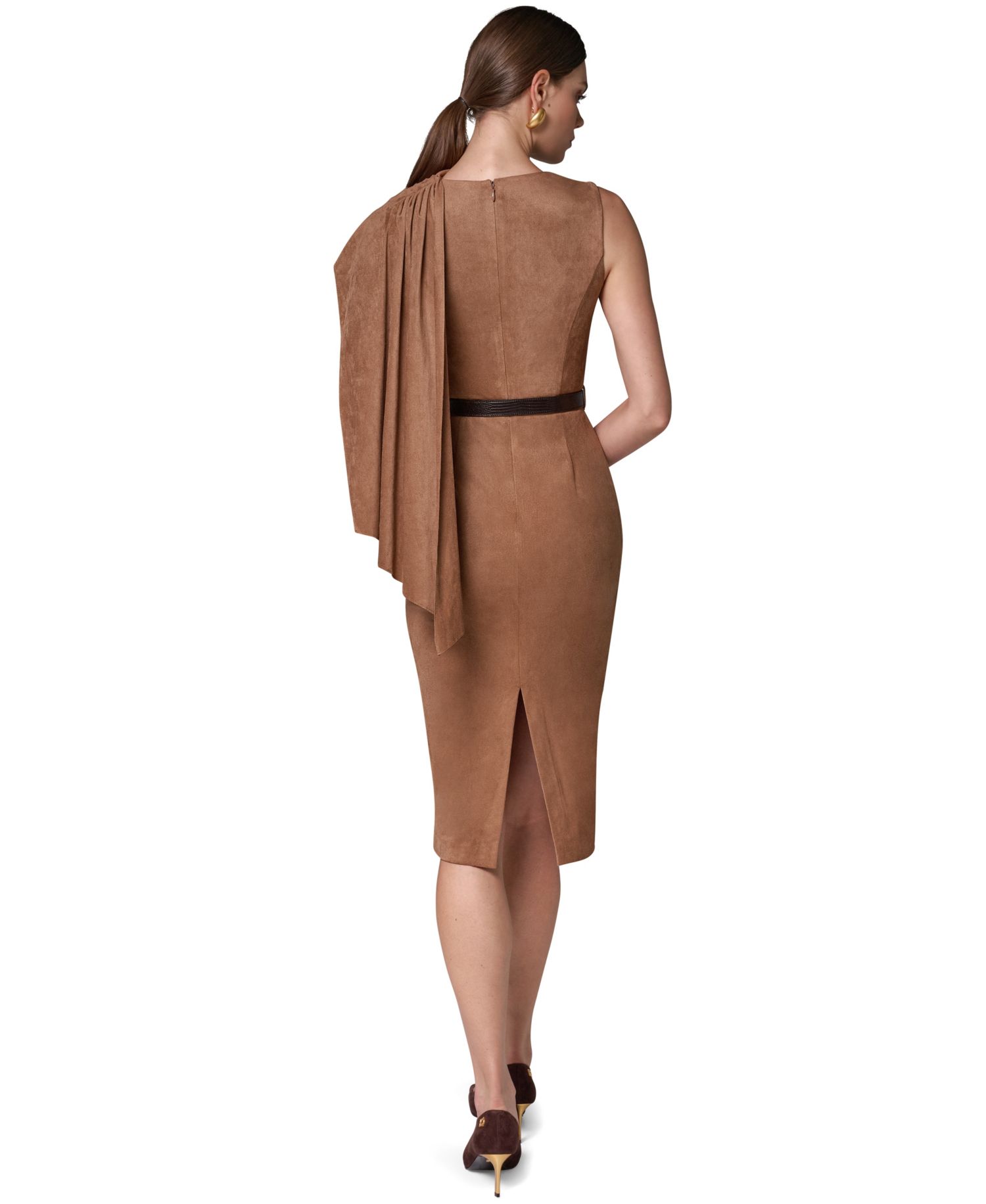 Women's Suede Draped Shoulder Panel Belted Midi Dress