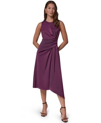 Women's Satin Draped-Waist Asymmetric-Hem Midi Dress