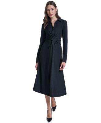 Women's Collared V-Neck Front-Twist Midi Dress
