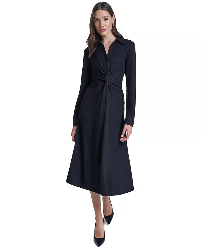 Women's Collared V-Neck Front-Twist Midi Dress