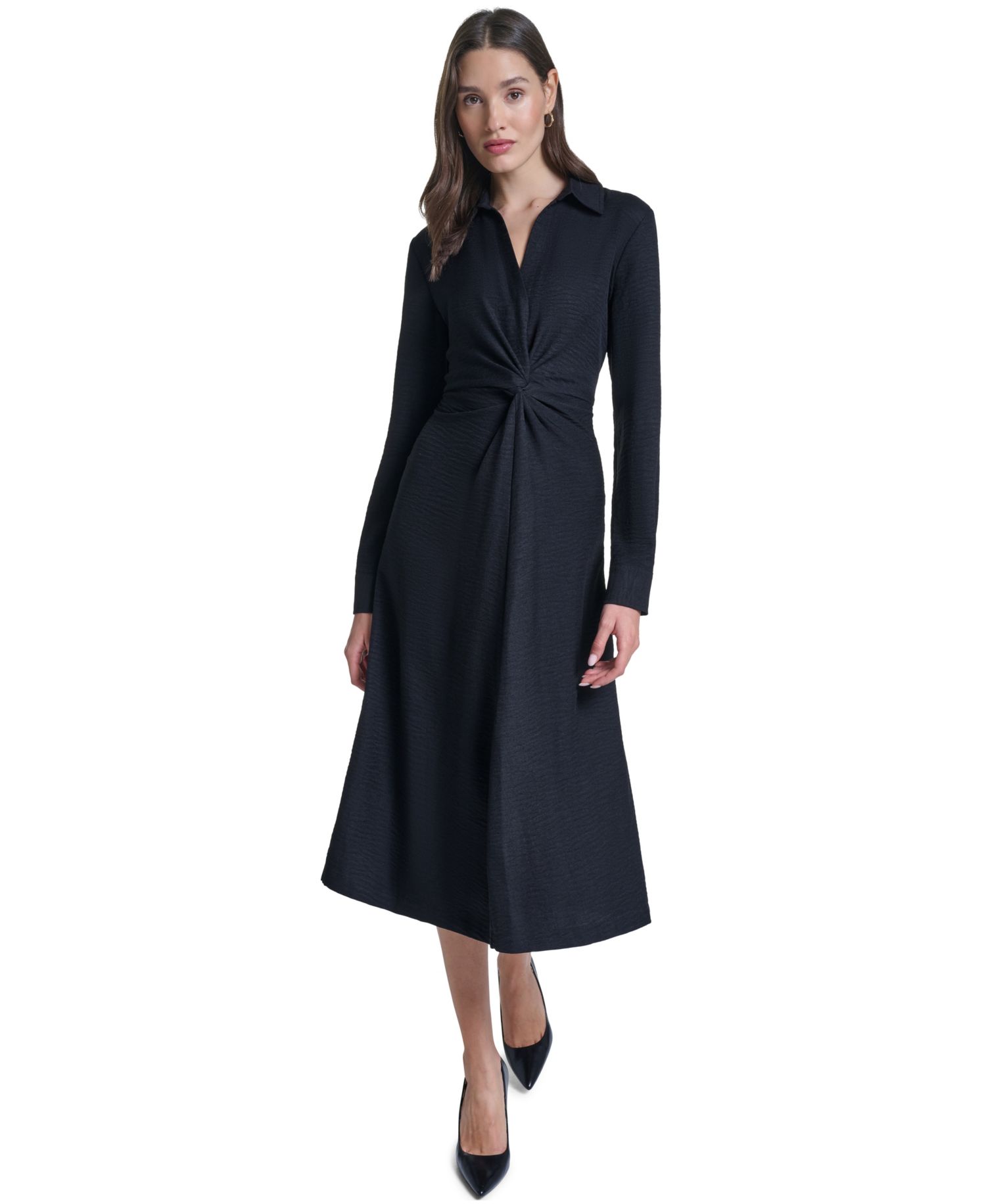 Women's Collared V-Neck Front-Twist Midi Dress