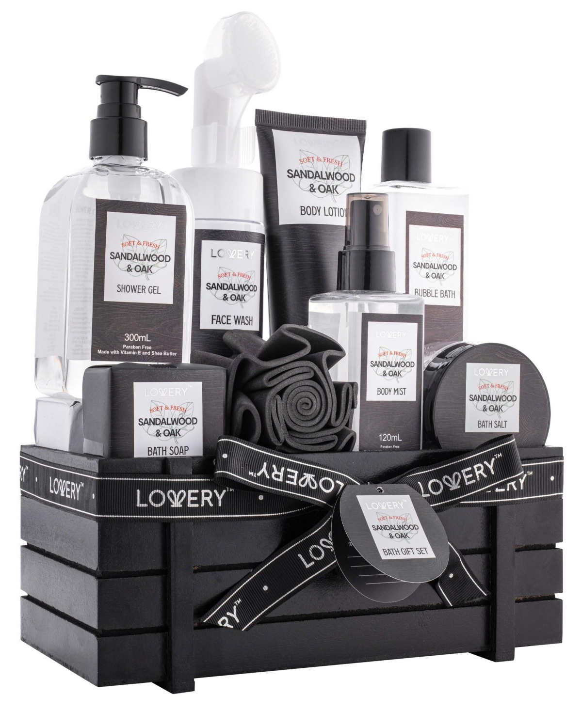 Lovery Luxury Spa Kit - Sandalwood & Oak Scented Bath Gift Set & Shower Basket