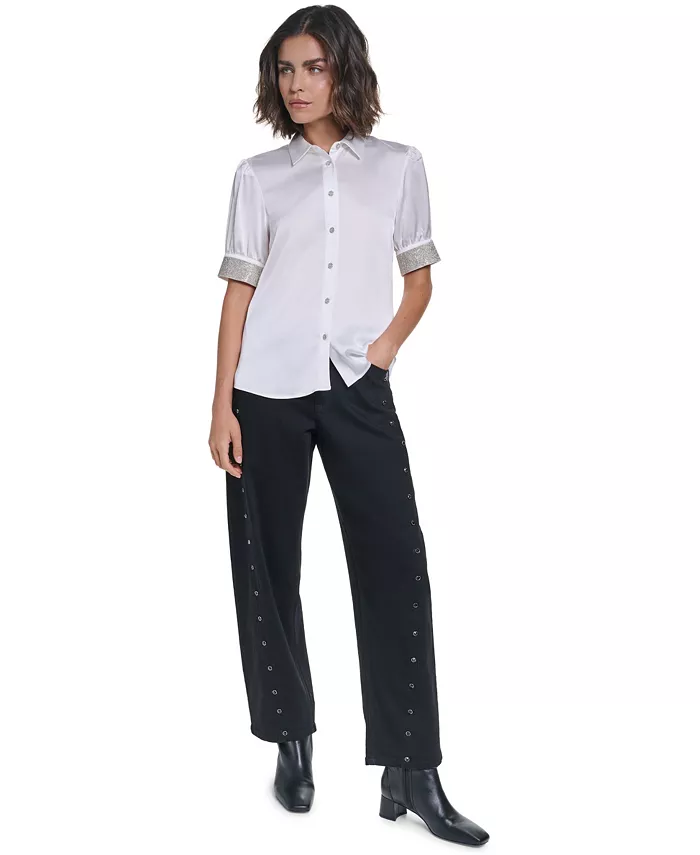 Women's Satin Rhinestone-Cuff Button-Front Top - thumbnail 2
