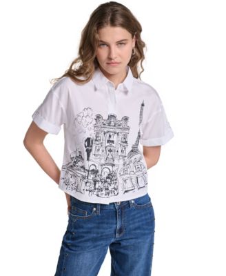 Women's Cotton Crop Paris Scene Button-Front Top