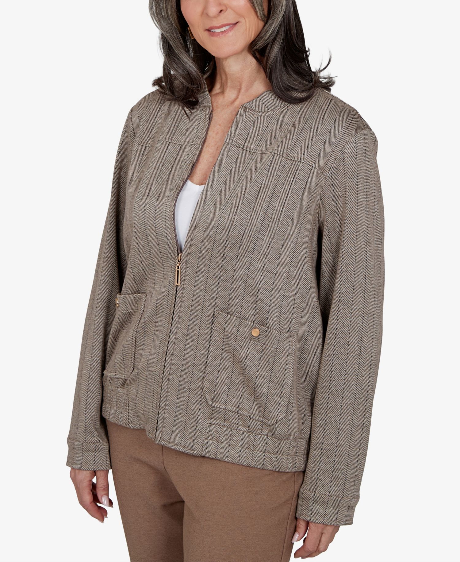 Petite Mandarin-Collar Zipper-Front Jacket