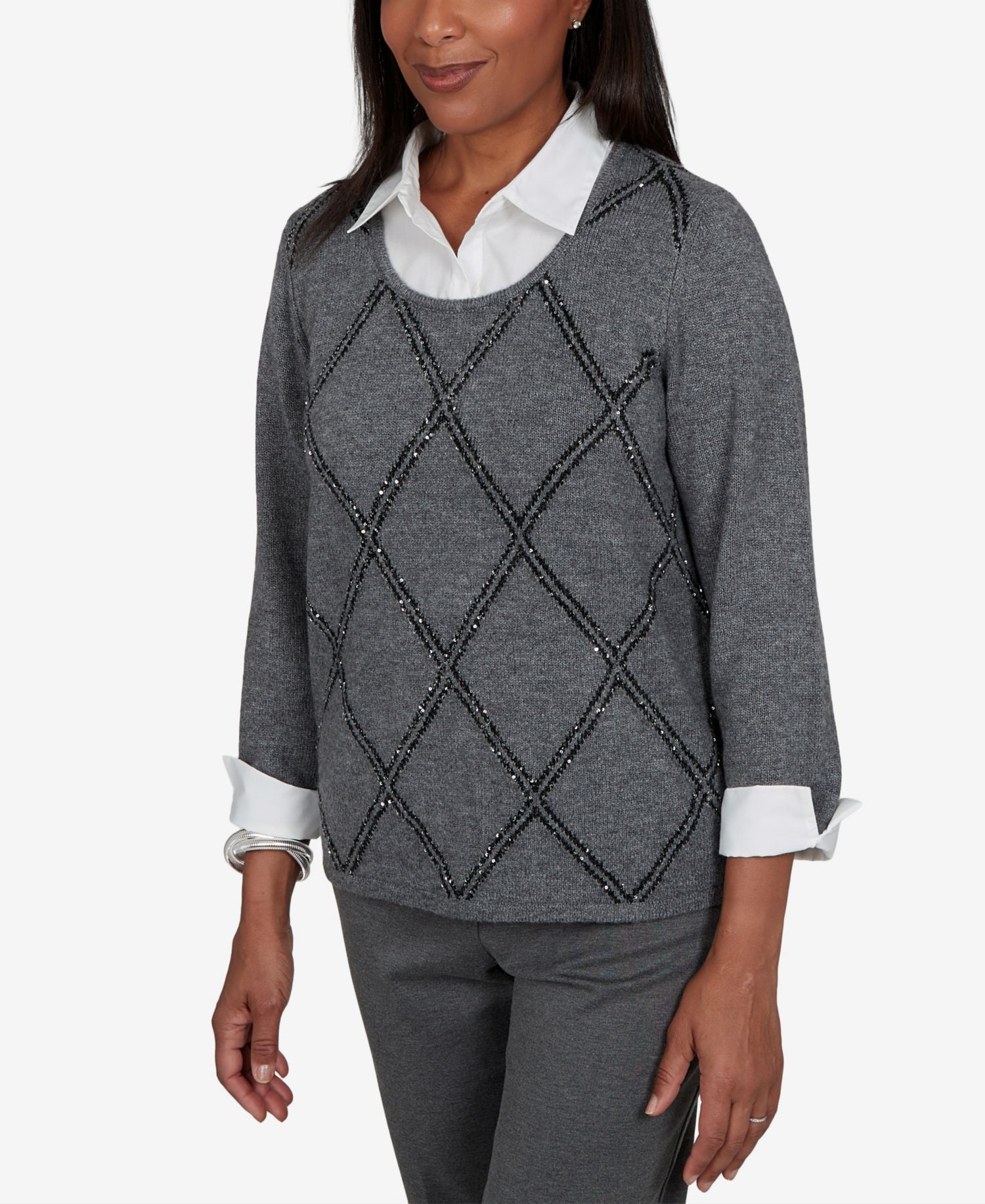 Petite Scoop Neck 3/4-Sleeve Embellished Pullover Sweater