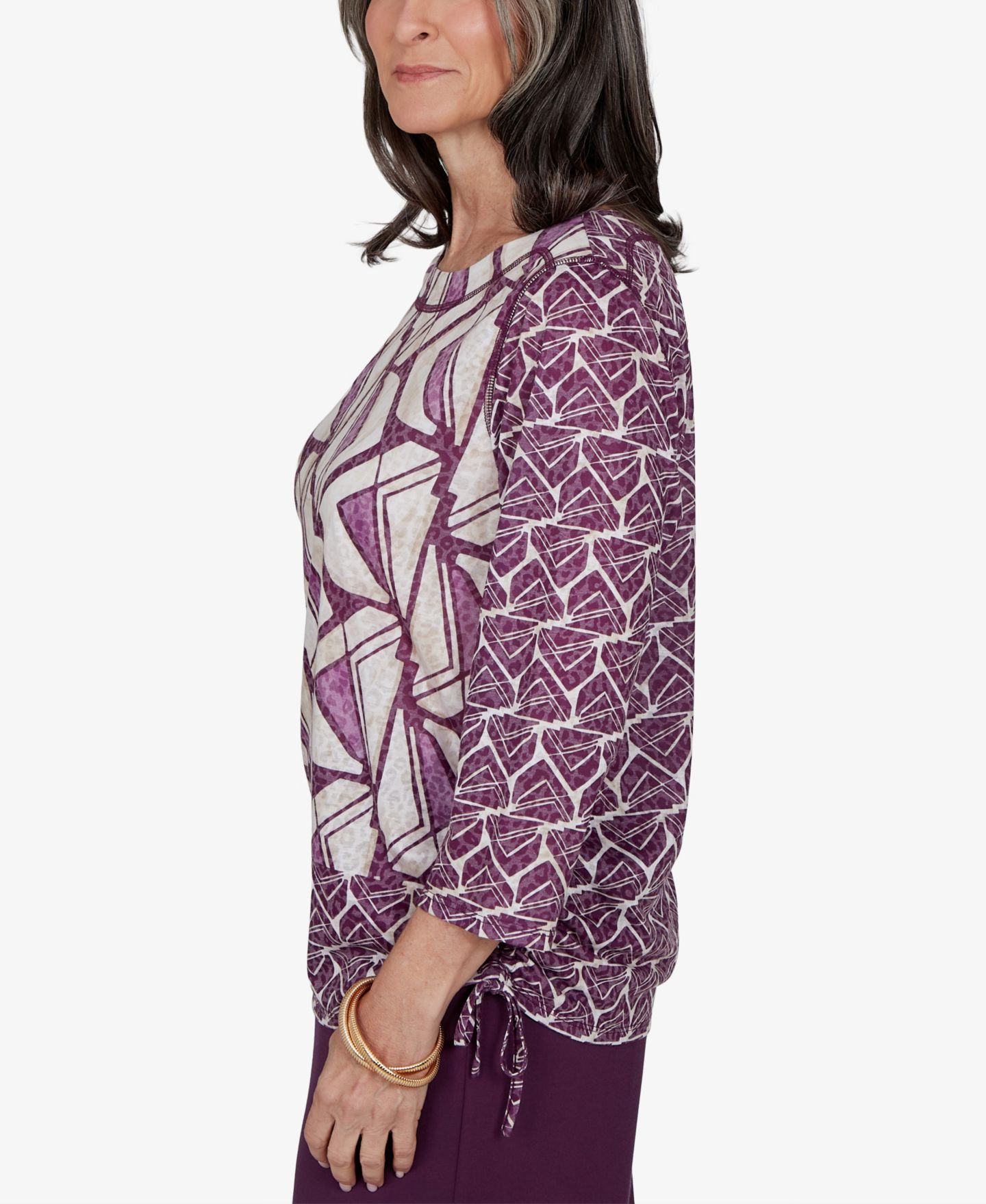 Женская блузка Alfred Dunner Petite Geometric-Print 3/4-Sleeve, цвет: Сливовый — фото 3