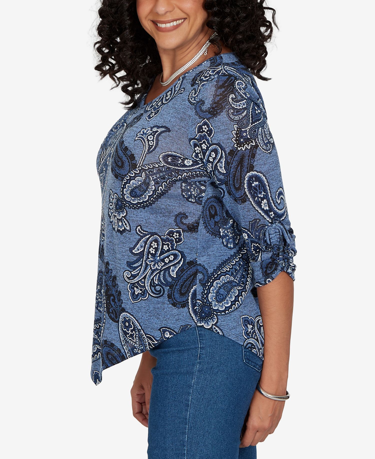 Women's V-Neck 3/4-Sleeve Asymmetrical-Hem Knit Top