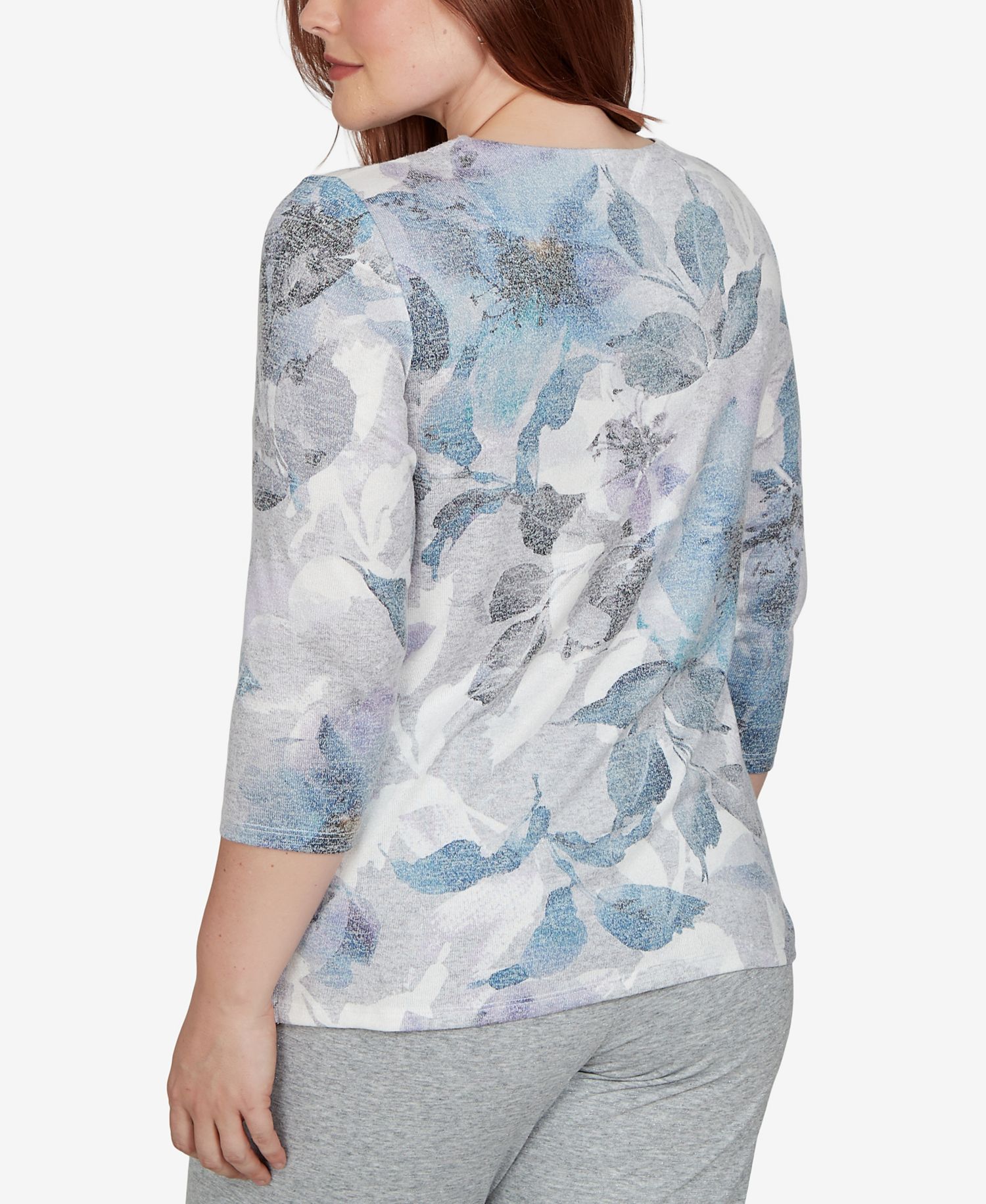 Women's Floral 3/4-Sleeve Keyhole-Neck T-Shirt