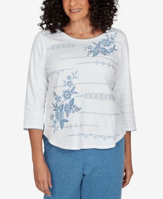 Women's Knit 3/4-Sleeve Crewneck Floral-Embroidered T-Shirt