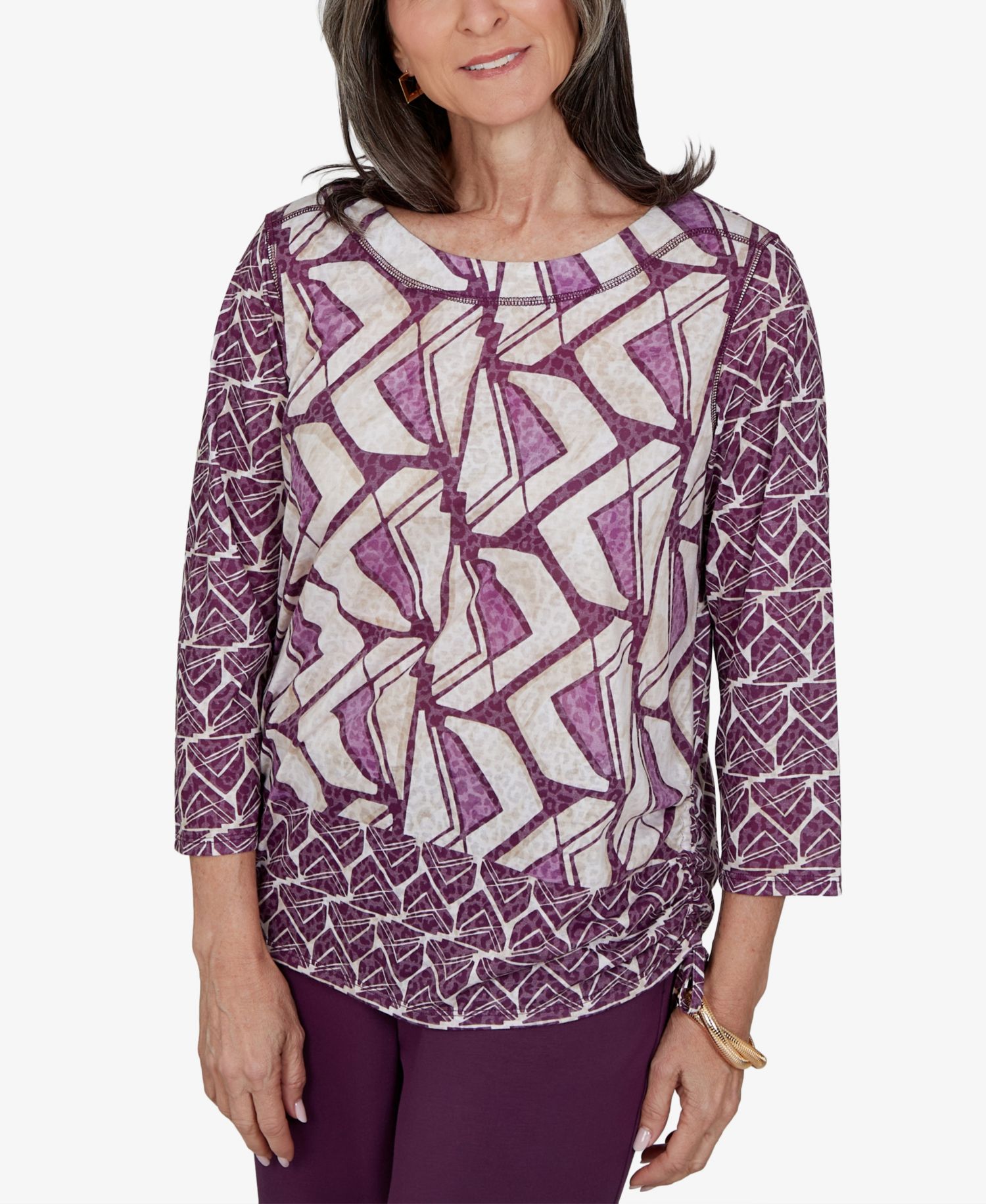 Women's Boat Neck Geometric-Print 3/4-Sleeve Blouse