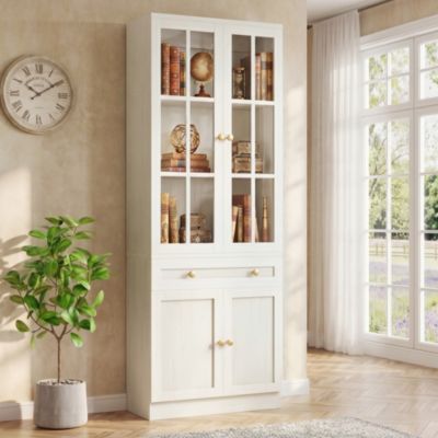 80" Wood Bookcase with Glass Doors and Drawers for Living Room