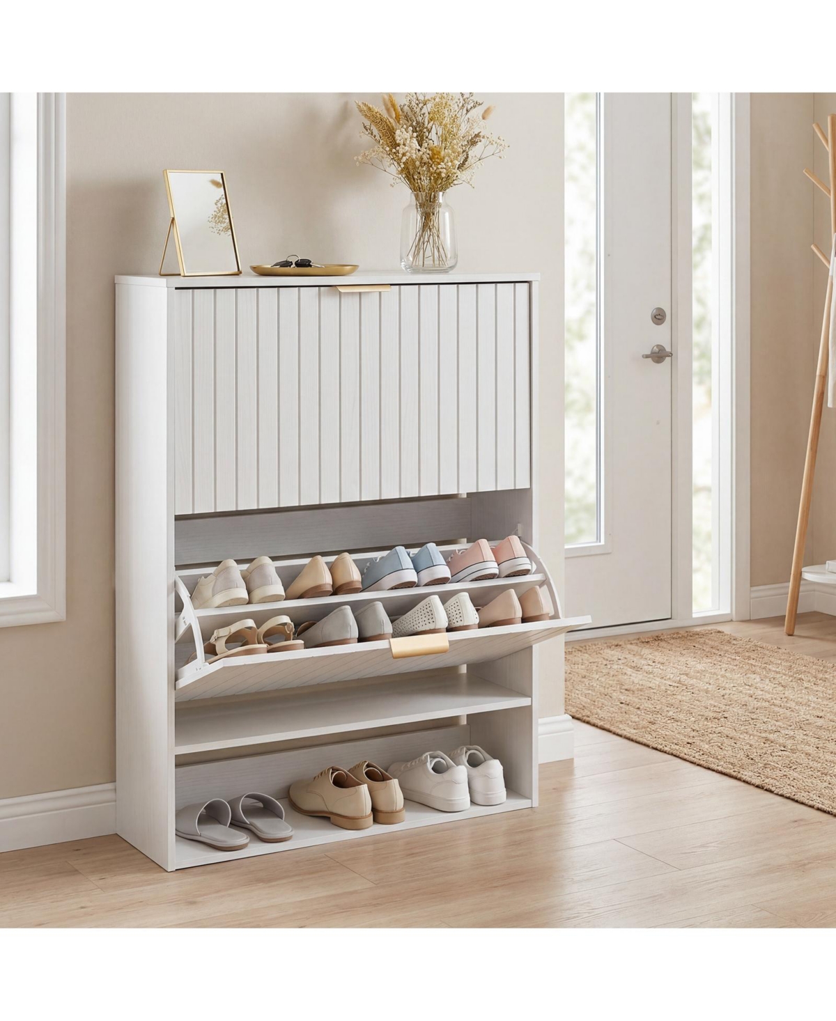 Gymax Shoe Cabinet w/2 Flip Drawers Open Storage and Adjustable Shelves for Entrance