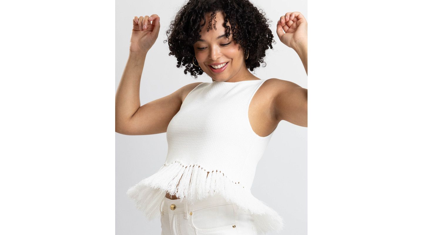 Женский топ Caldwell Collection Tanja Scoop Neck Fringe Peplum Sleeveless Knit, цвет: Белый — фото 6