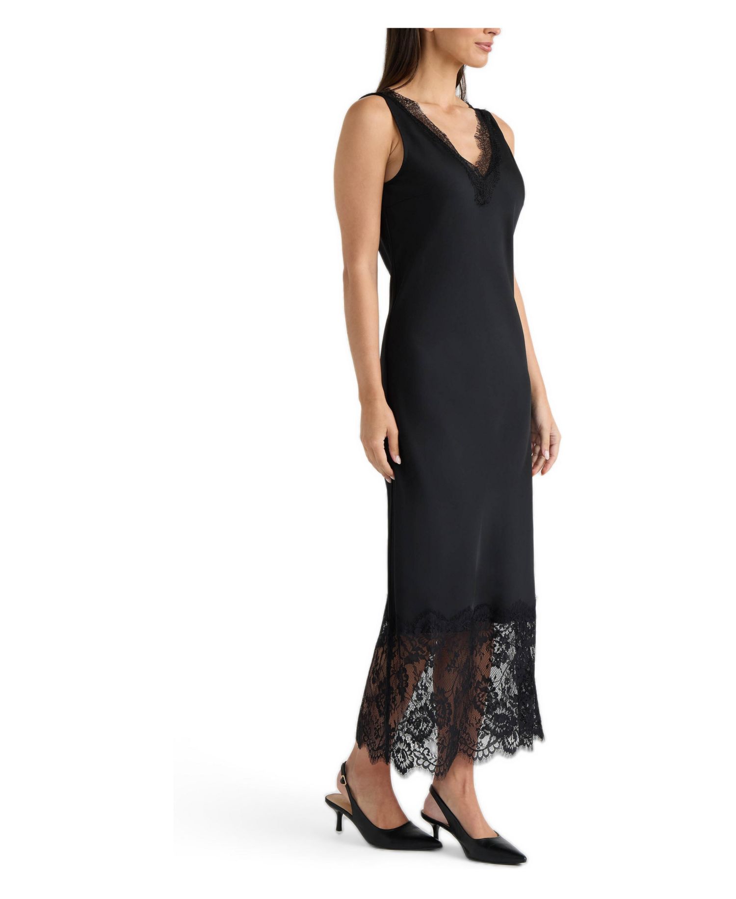 Women's V-Neck Lace-Trimmed Midi Dress