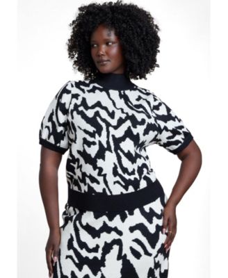 Plus Size Cropped Mock Neck Intarsia Knit Sweater