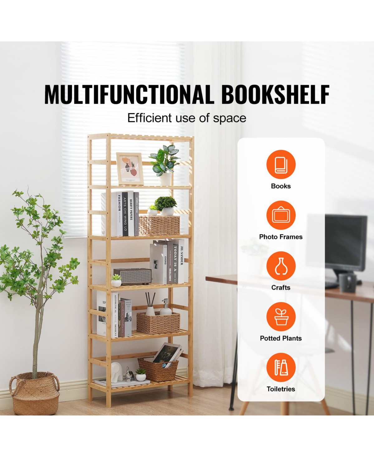 Sugift 6-Tier Bamboo Open Bookshelf Display Storage Rack with Anti-Tip Kit