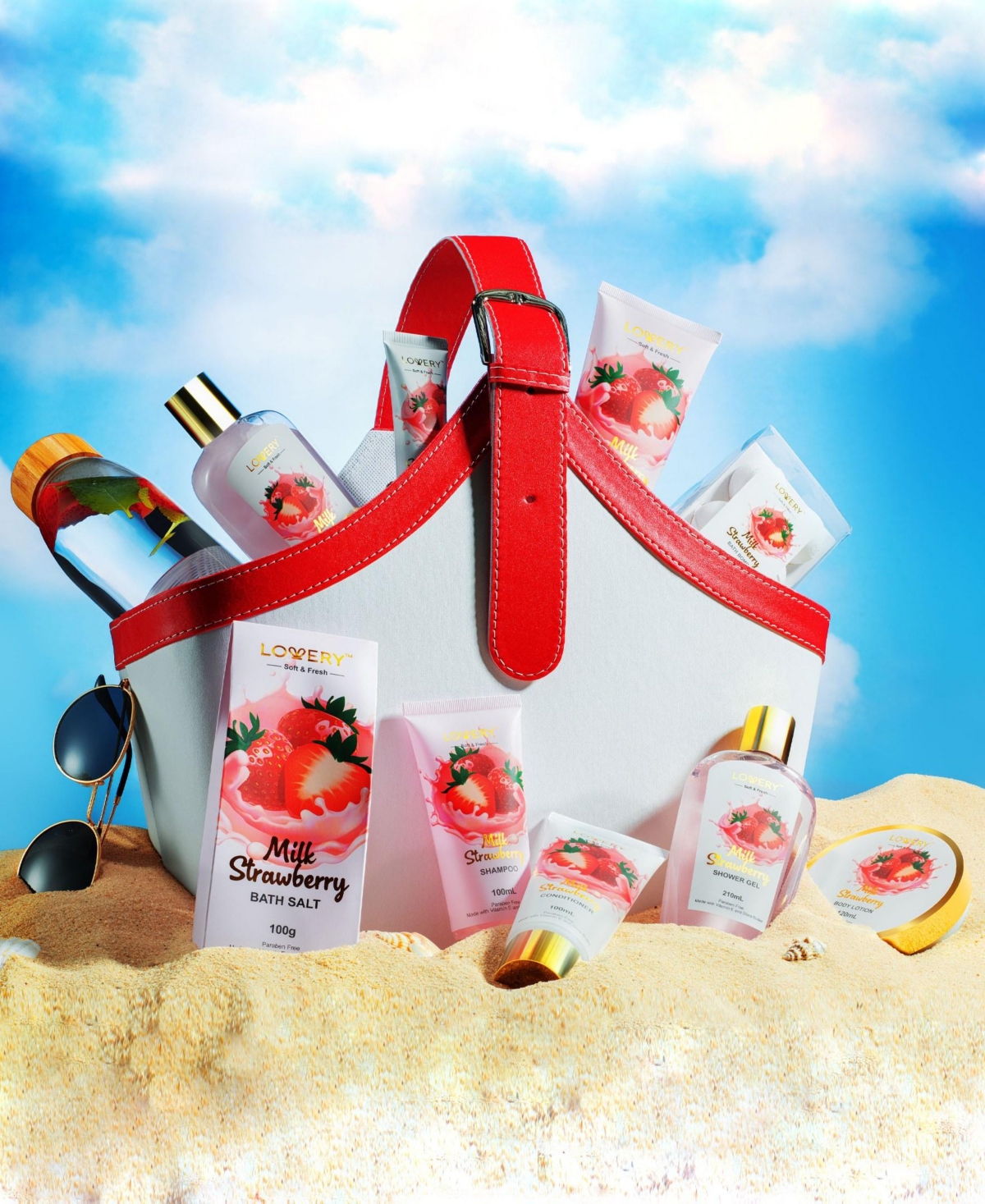 Lovery 25 Piece Body Care Gift Set, Strawberry Milk Home Spa Tote Bag Gift