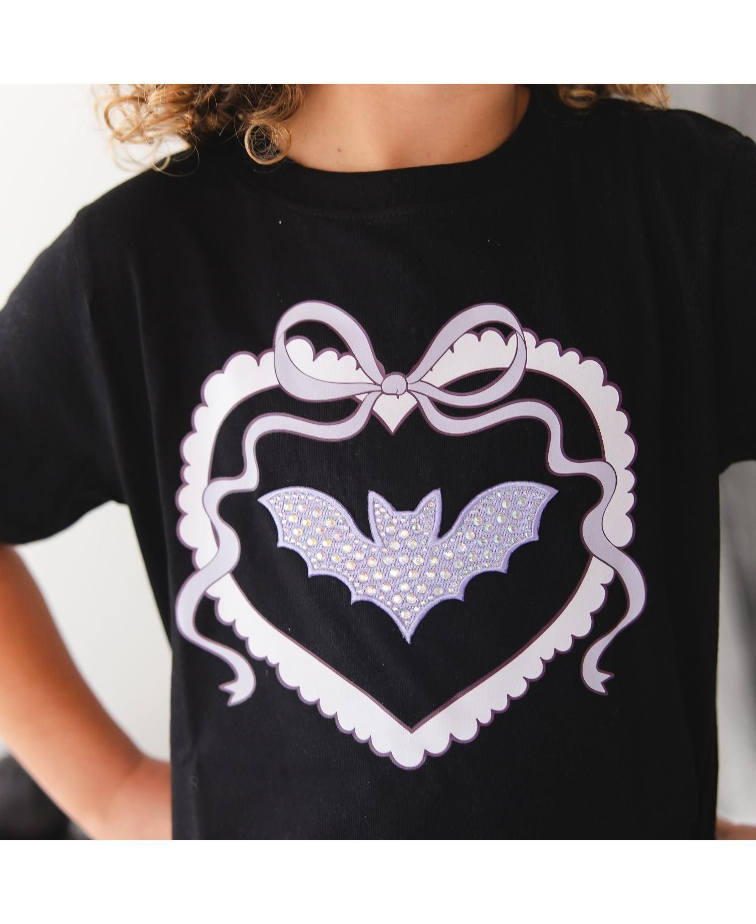 Little Girls Rhinestone Bat Patch Halloween Short Sleeve T-Shirt