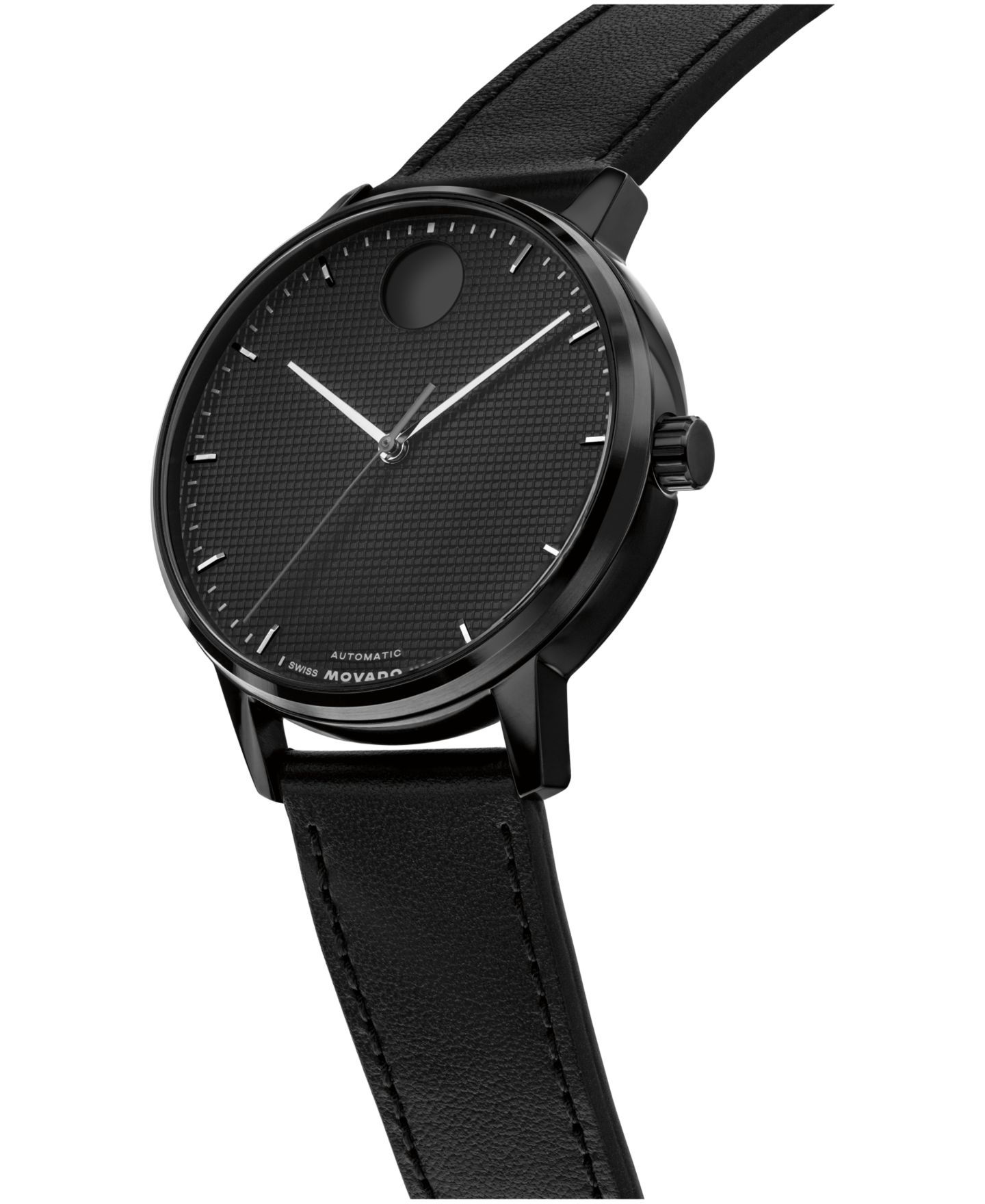 Мужские часы Movado Face Automatic Black Leather Watch 39mm — фото 2