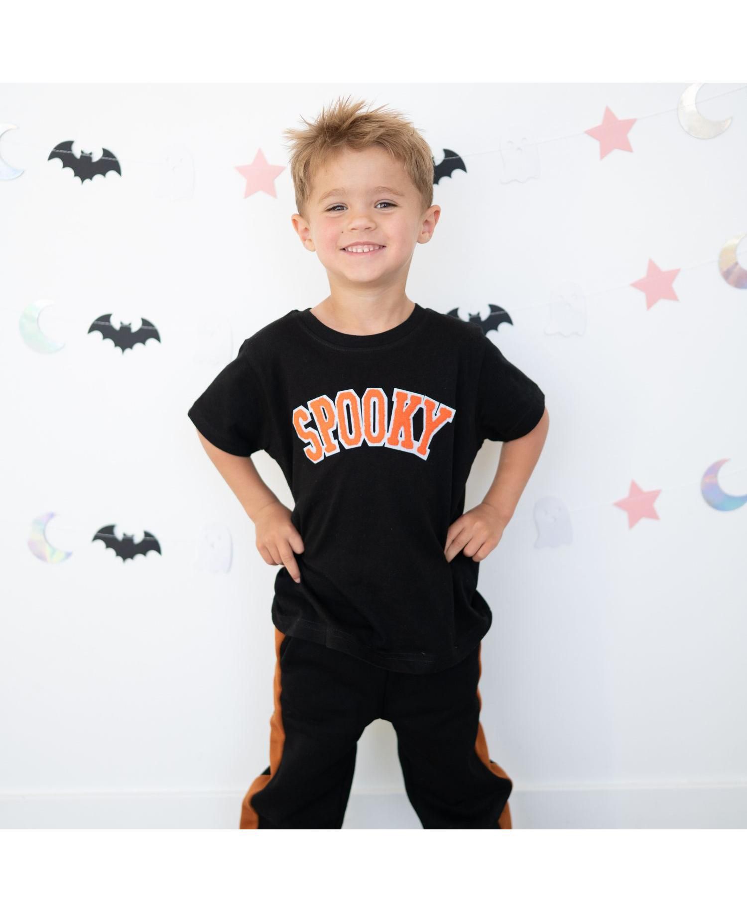 Little Boys Spooky Orange Patch Halloween Short Sleeve T-Shirt