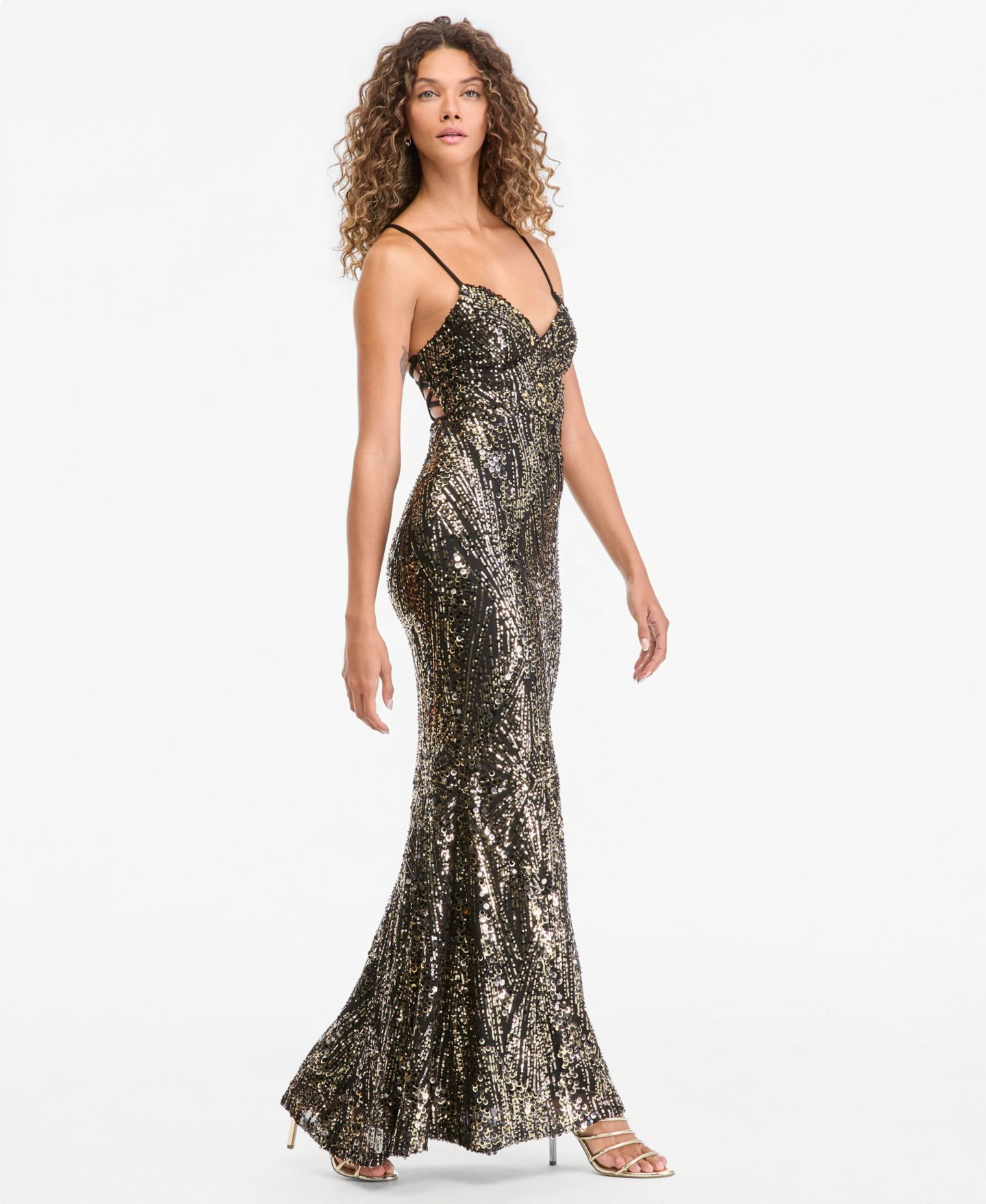 Женское платье SENI & CADE Junior's Sequin Back Lace Up Gown, цвет: Чёрный / Золотой — фото 9
