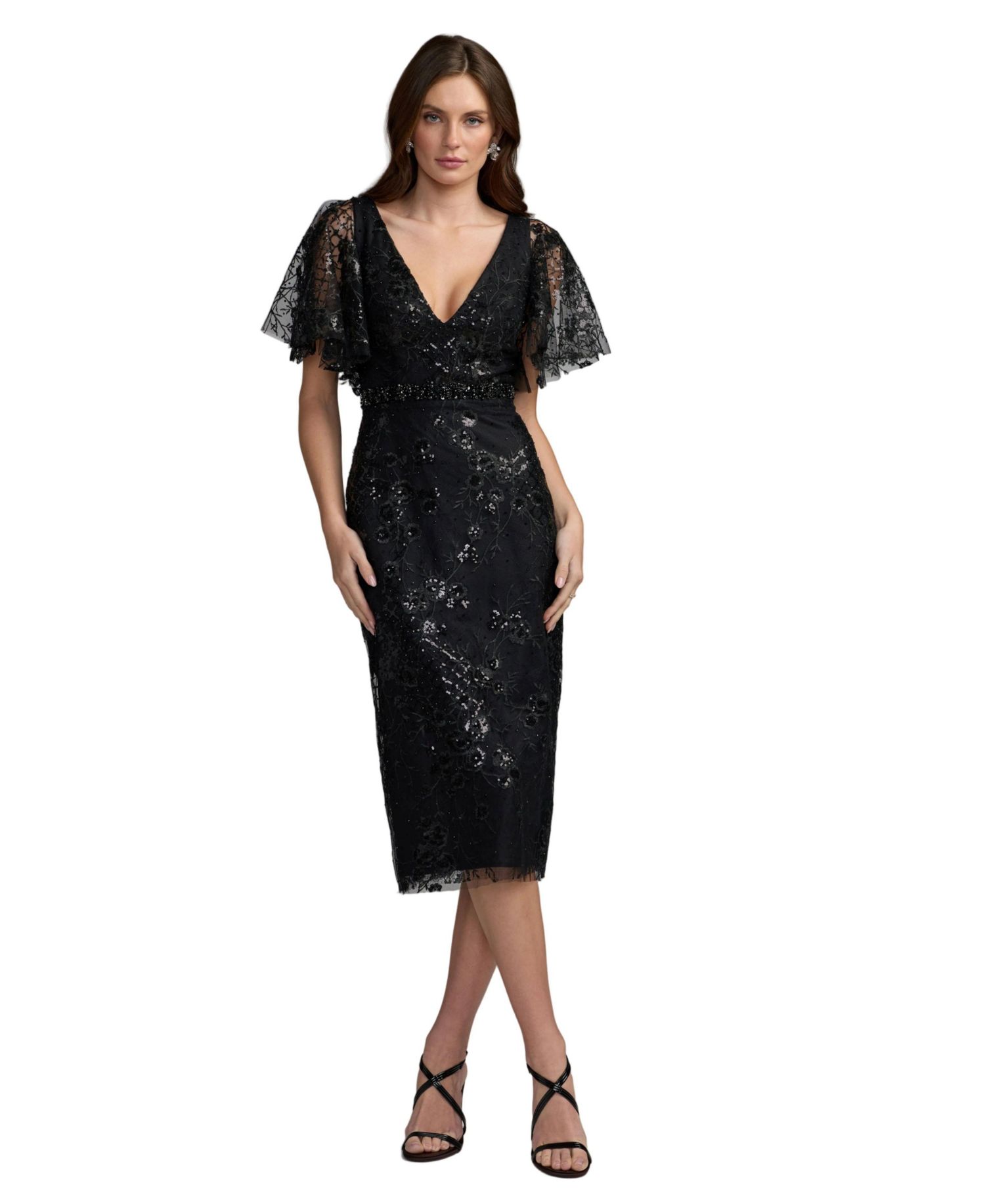 Women's Sequin Embroidered Floral Flutter-Sleeve Sheath Midi Dress