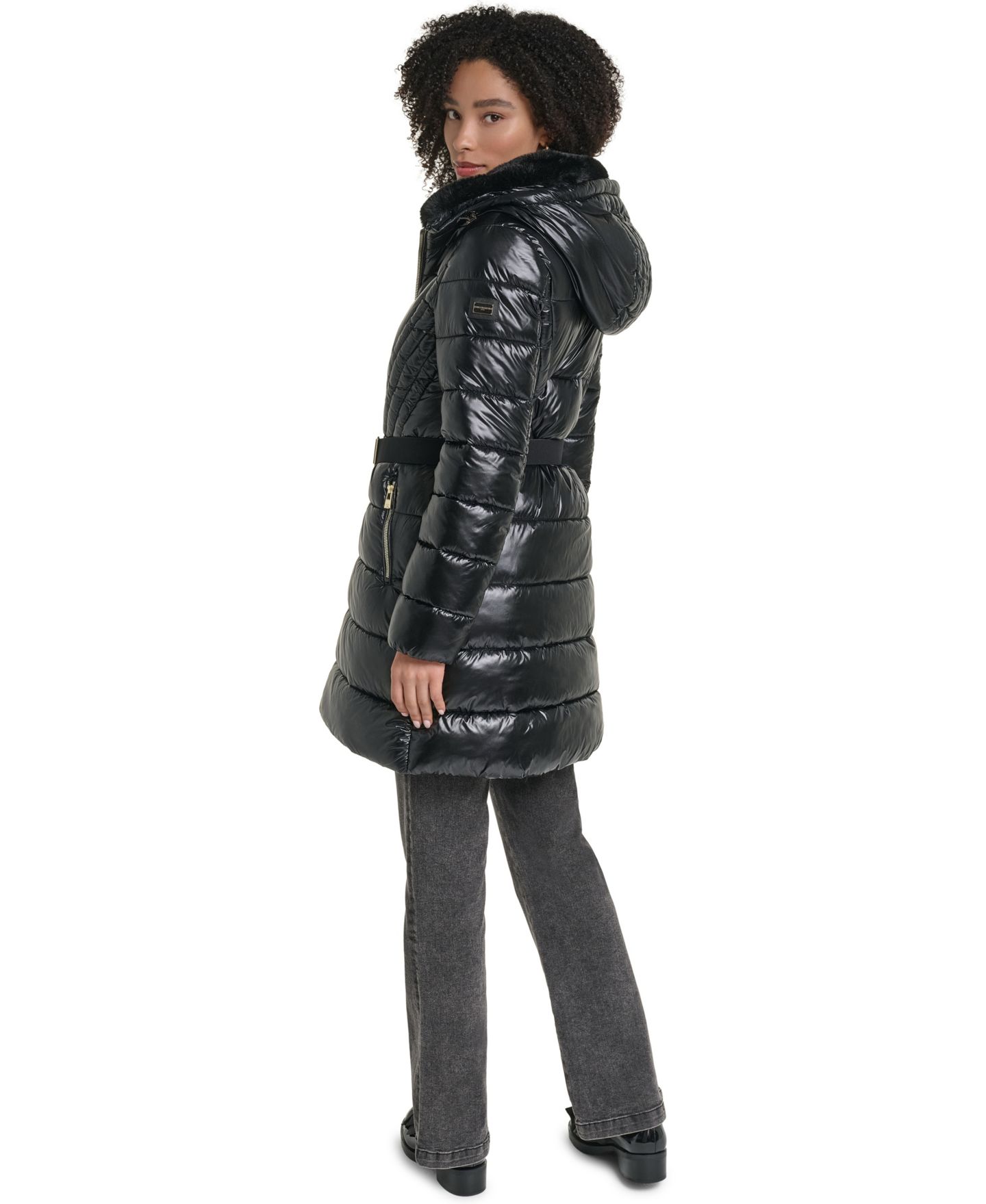 Женская куртка KARL LAGERFELD PARIS Hooded Belted Faux-Fur Collar Puffer Coat, Created for Macy's, цвет: Чёрный — фото 4