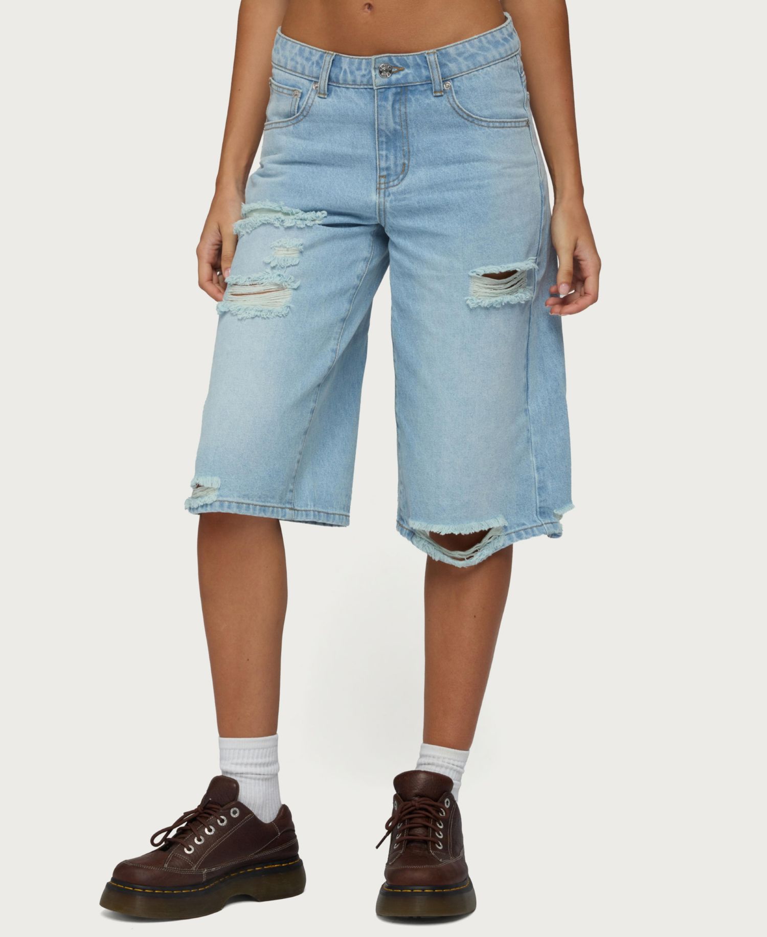 Women's Low-Rise Distressed Denim Bermuda Shorts, 16" Inseam