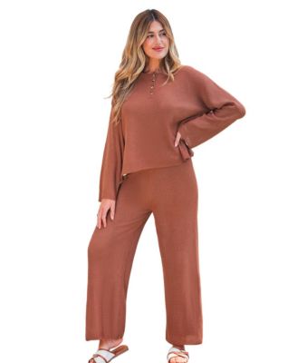 Women's Waffle-Knit Henley Top and Wide-Leg Pants Set