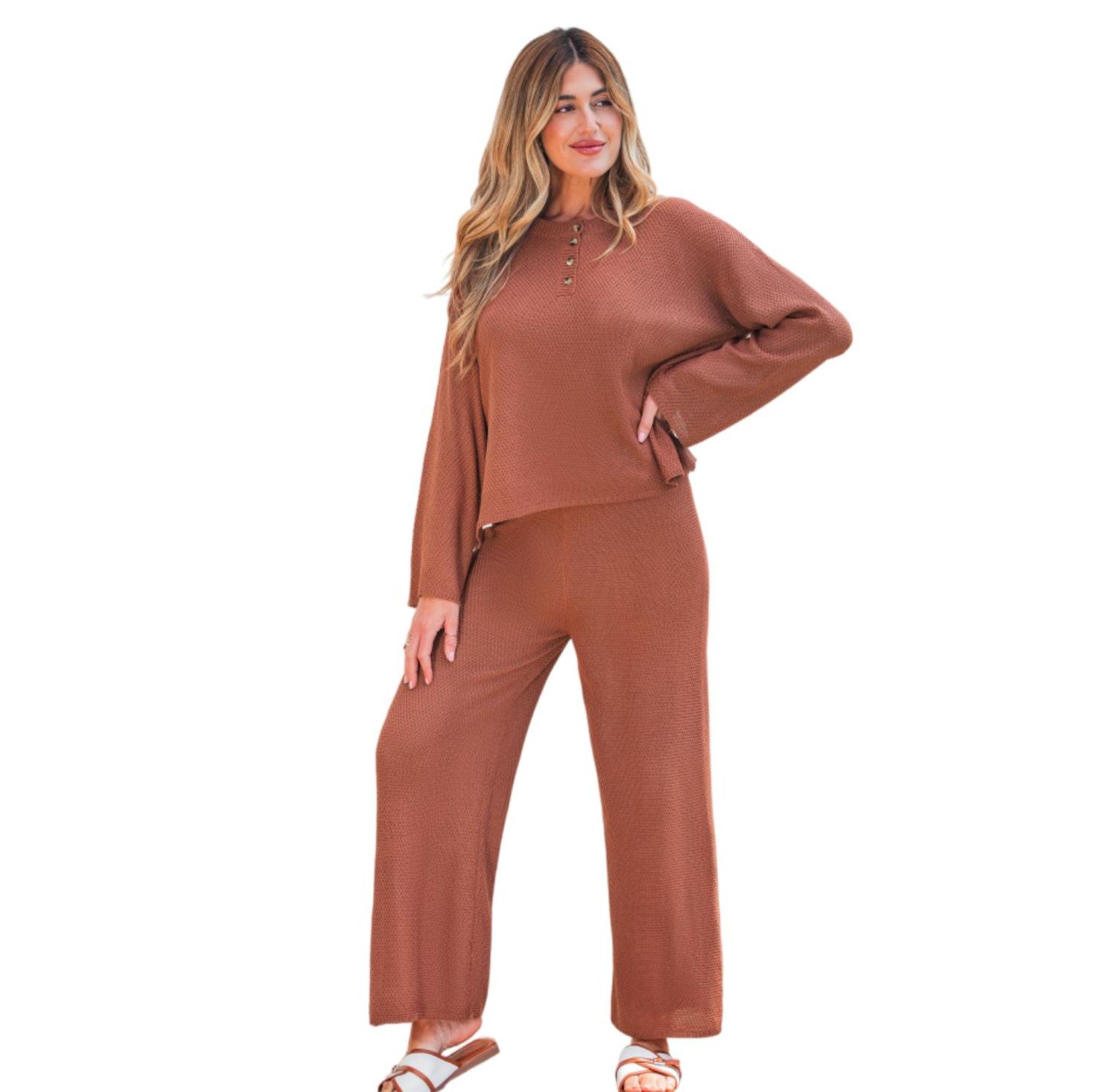 Women's Waffle-Knit Henley Top and Wide-Leg Pants Set