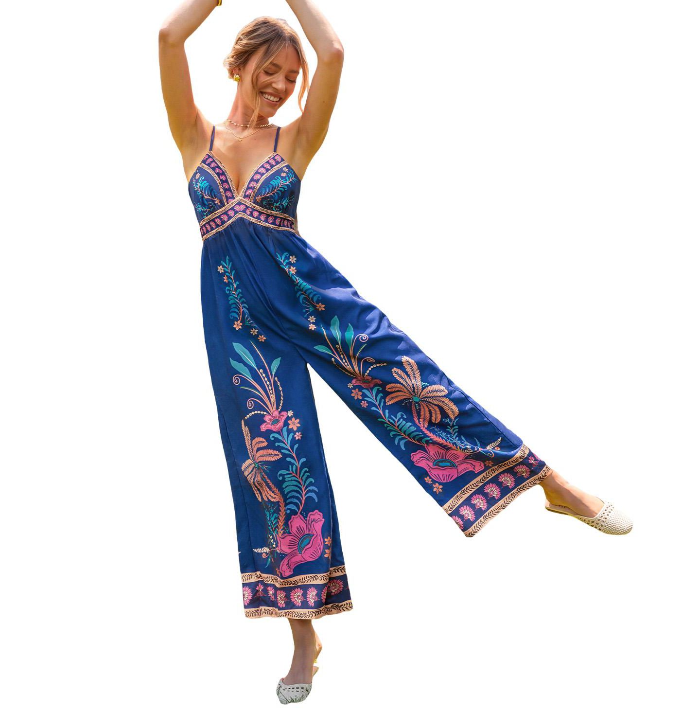 Женский комбинезон Cupshe Spaghetti Strap V-Neck Floral-Print Wide-Leg Jumpsuit, цвет: Средний синий — фото 2