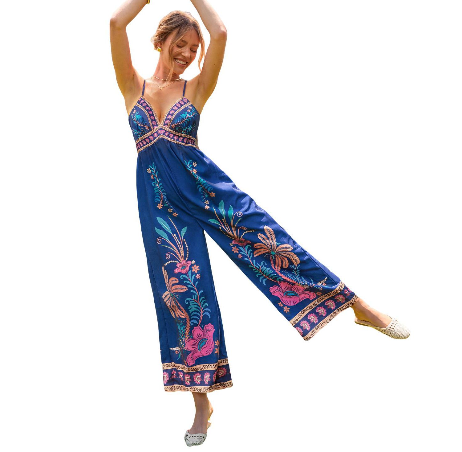 Women's Spaghetti Strap V-Neck Floral-Print Wide-Leg Jumpsuit
