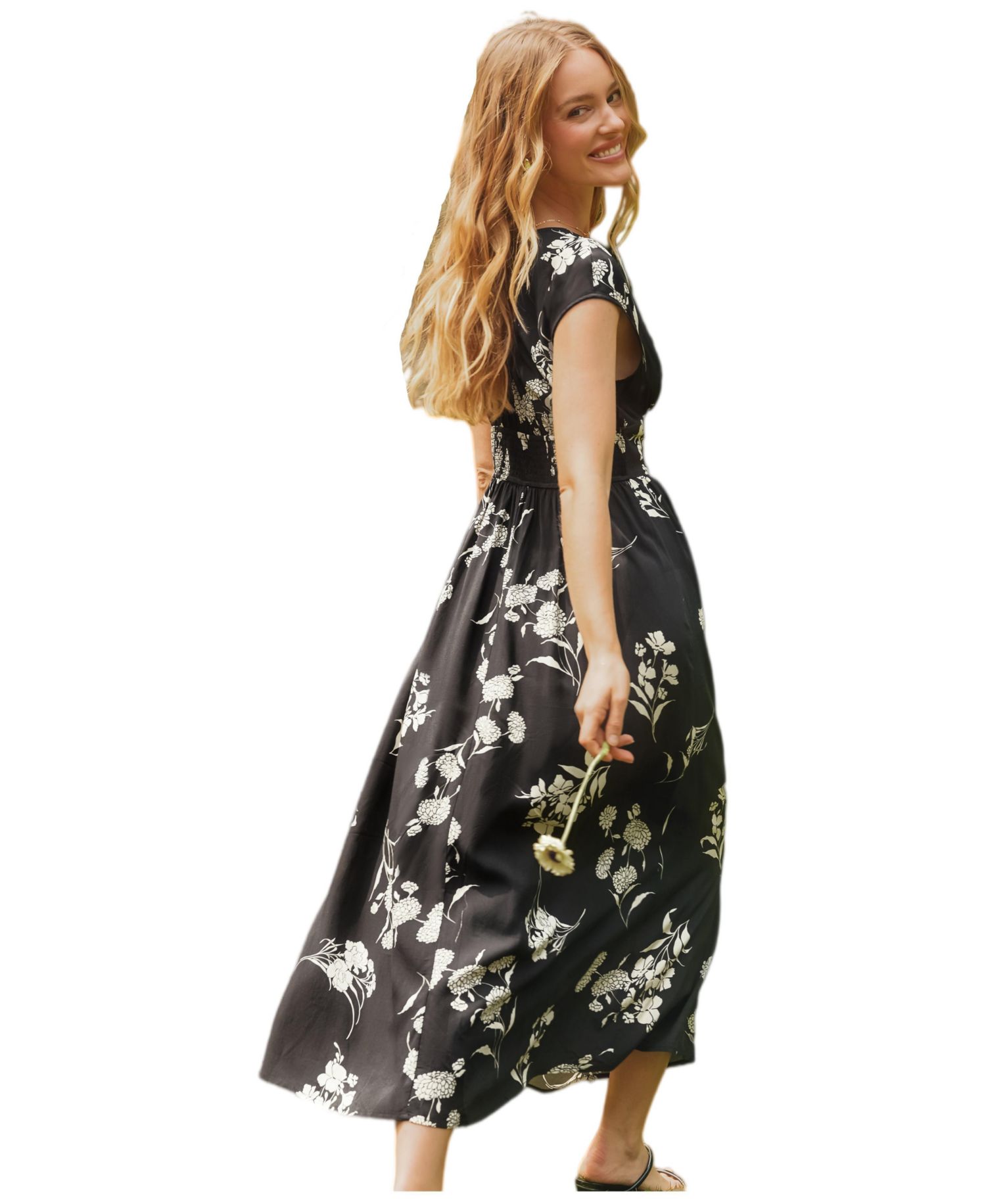 Women's V-Neck Cap-Sleeve A-Line Midi Dress